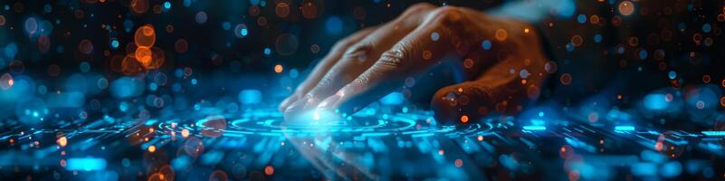 A human hand is pushing a button on a touchscreen display photo