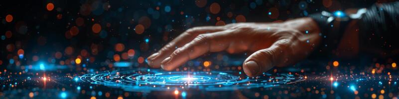 Hand pressing button on modern screen with water, liquid and electric blue photo