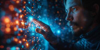 A man is using his finger to interact with a digital display photo