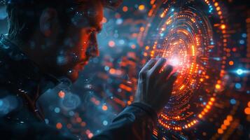 A man is interacting with a futuristic screen using his hand photo