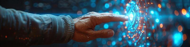 Person pressing button on futuristic screen with finger photo