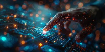 A hand is pushing a button on a futuristic touch screen photo