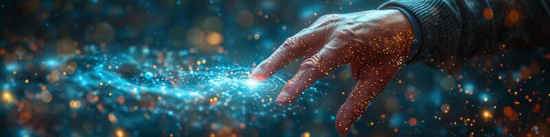 A detailed shot of a hand touching a display screen photo