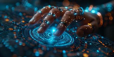 A futuristic screen displays a robotic hand pressing a button photo