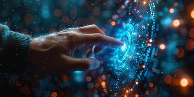 A futuristic screen shows a hand pushing a button photo