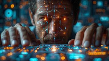 A man typing on a computer with futuristic face projection photo