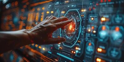 A hand is pressing a button on a hightech screen in a futuristic setting photo
