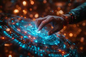 A hand presses a button on a futuristic screen with various keywords around it photo