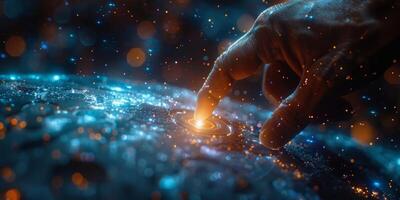 A hand touching a digital screen with light coming out photo