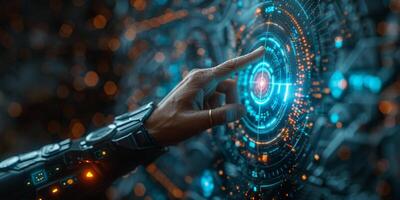 A person s hand is directed towards a futuristic screen in a dark environment photo