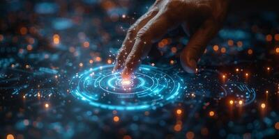 Hand pressing button on futuristic screen with tech and entertainment photo