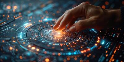 A hand presses a button on a futuristic screen with water and liquid keywords photo