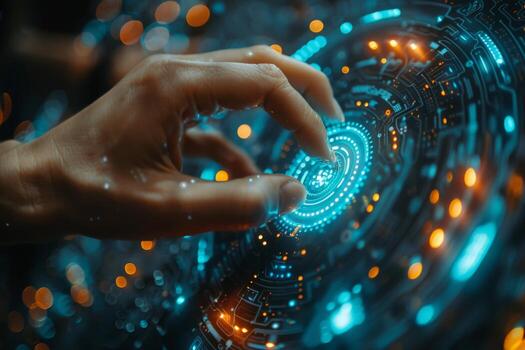A close up of a person s hand interacting with a futuristic digital display photo