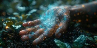 The image shows a hand illuminated with bright lights, creating a closeup view photo