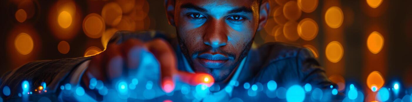 en el oscuridad, un hombre gestos hacia un iluminado objeto foto