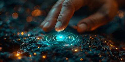 Persons hand touching glowing object with blue liquid bubbles photo