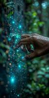 A persons hand touching a glowing object in the woods photo