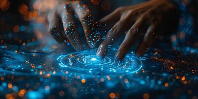 A person is interacting with a digital screen using their finger photo