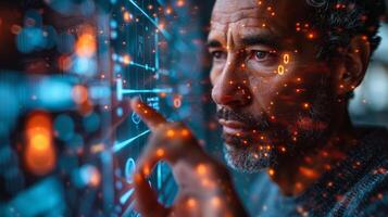 A man is gazing at an advanced display showing numerical data photo