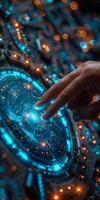 Person touching hightech screen in futuristic image photo