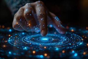 A person touches a futuristic screen with their finger to interact with it photo