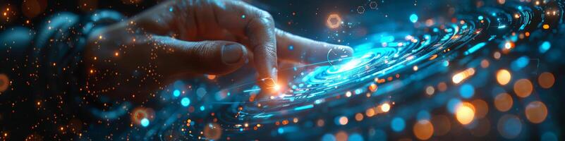 Hand touching digital screen with water, world, gesture, art, space, science photo