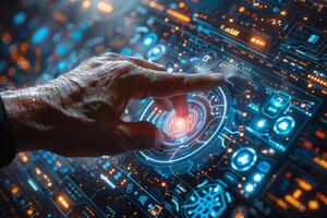 A hand is pressing a button on a futuristic screen with an electric blue glow photo