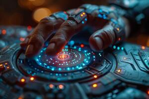 A robotic hand presses a button on a futuristic device photo