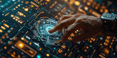 A hand presses a button on a futuristic screen with techrelated keywords photo