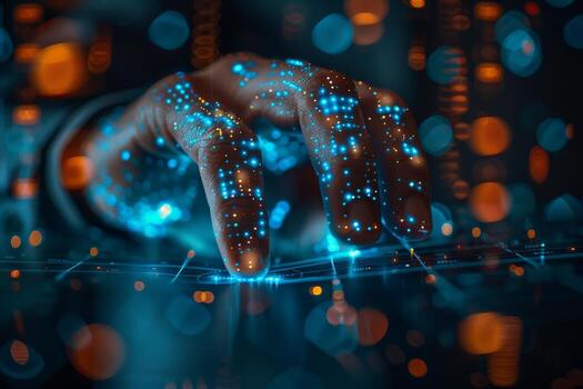 Human interaction with advanced technology and modern hitech gadgets in a futuristic digital era photo