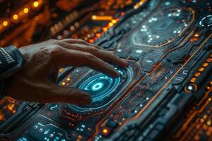 A person pressing a button on a futuristic control panel photo