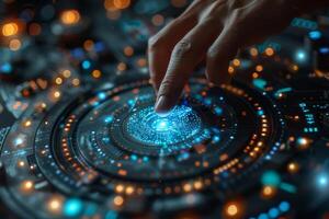A person is interacting with a cuttingedge screen using their finger photo