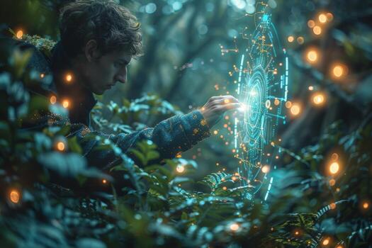 In the woods, a man gazes at a hightech screen, surrounded by nature photo