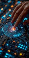 Futuristic technology integrated into a user interface with human interaction and glowing circuits photo