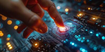 A person pressing a button on a motherboard with their finger photo