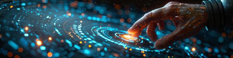 A hand presses a button on a screen full of technology photo