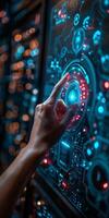 On a futuristic screen, a womans hand is pressing a button photo