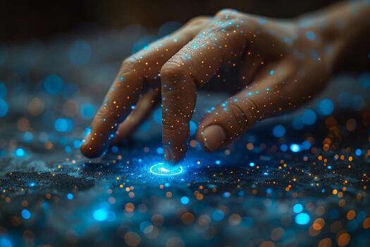A close up of a persons hand touching a glowing object underwater photo