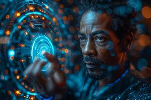 A man is pressing a button on a futuristic screen with electric blue lighting photo