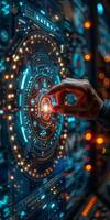 A person is interacting with a futuristic touch screen using their finger photo
