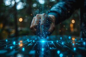 Hand with car light presses button on digital screen in dark city event photo