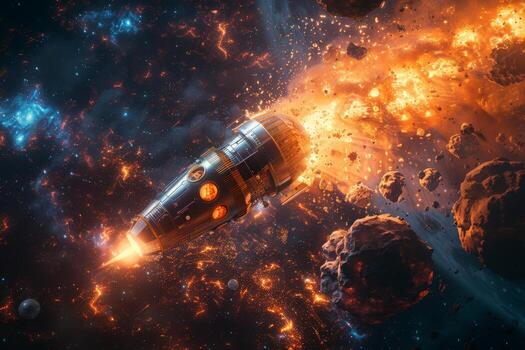 Rocket soaring through galaxy, emitting flames, in outer space photo