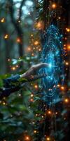 Person touching glowing circle on tree trunk in woods photo