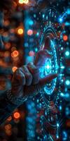 A persons finger is interacting with a hightech screen photo