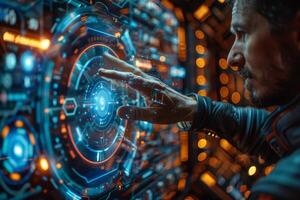 A man is interacting with a futuristic touch screen photo
