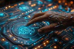 A person is using their hand to press a button on a hightech display screen photo