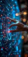 The individual interacts with a sleek display using their finger photo