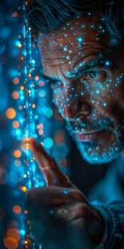 Man with glowing blue lights on face, pointing in darkness photo