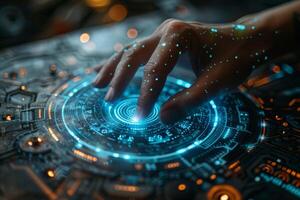 Hand presses button on futuristic screen with advanced technology photo