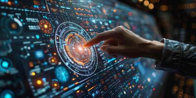 A person touches a hightech screen with their finger photo